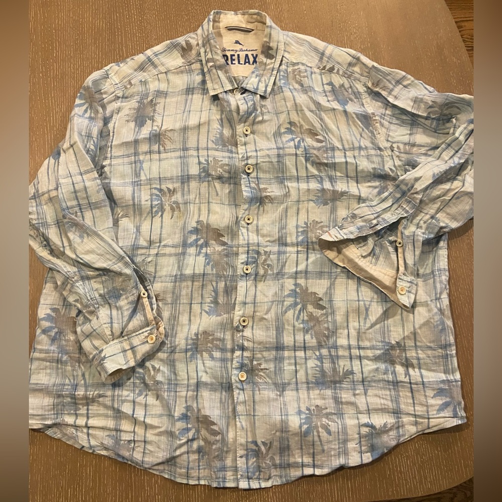 Tommy Bahama Men's Relax 100% Linen Button Down  Size XXL Blue Long Sleeve Print